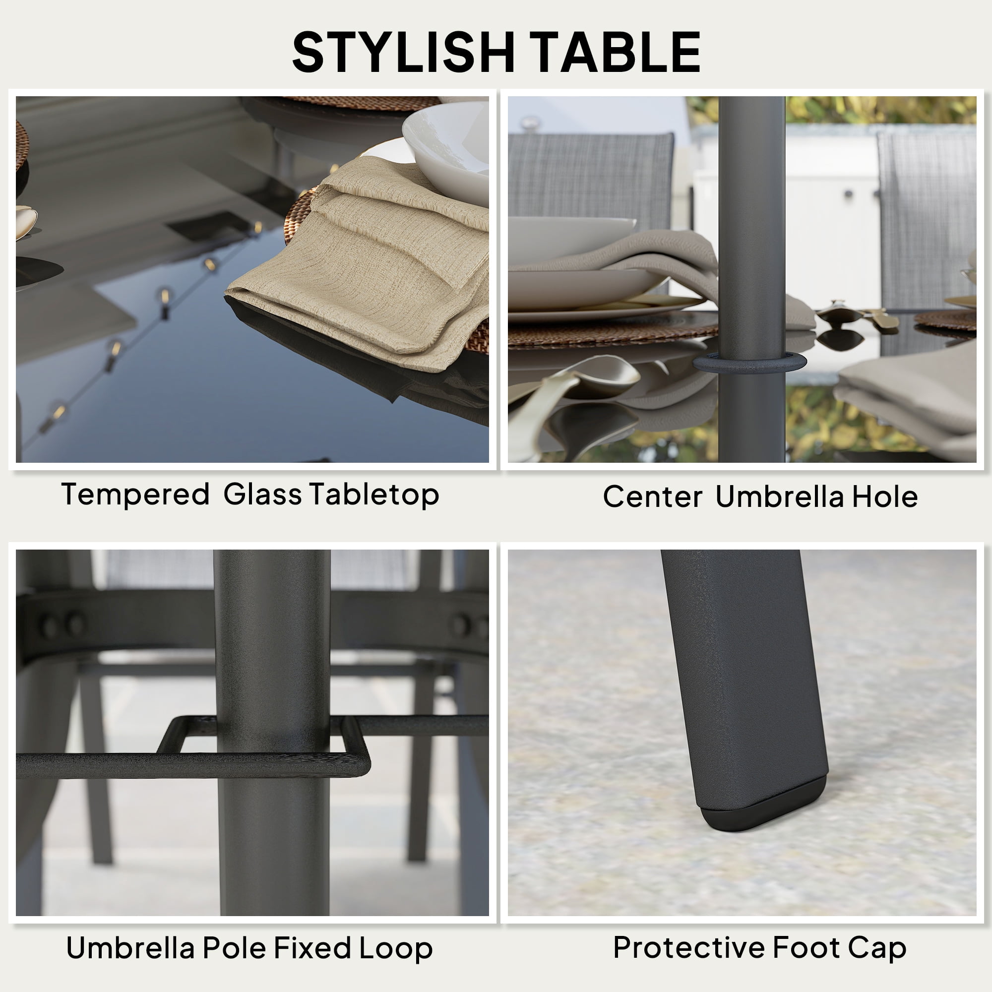 Outsunny 8 Piece Patio Furniture Set with Umbrella, Outdoor Dining Table and Chairs, 6 Chairs, Push Button Tilt and Crank Parasol, Glass Top, Gray