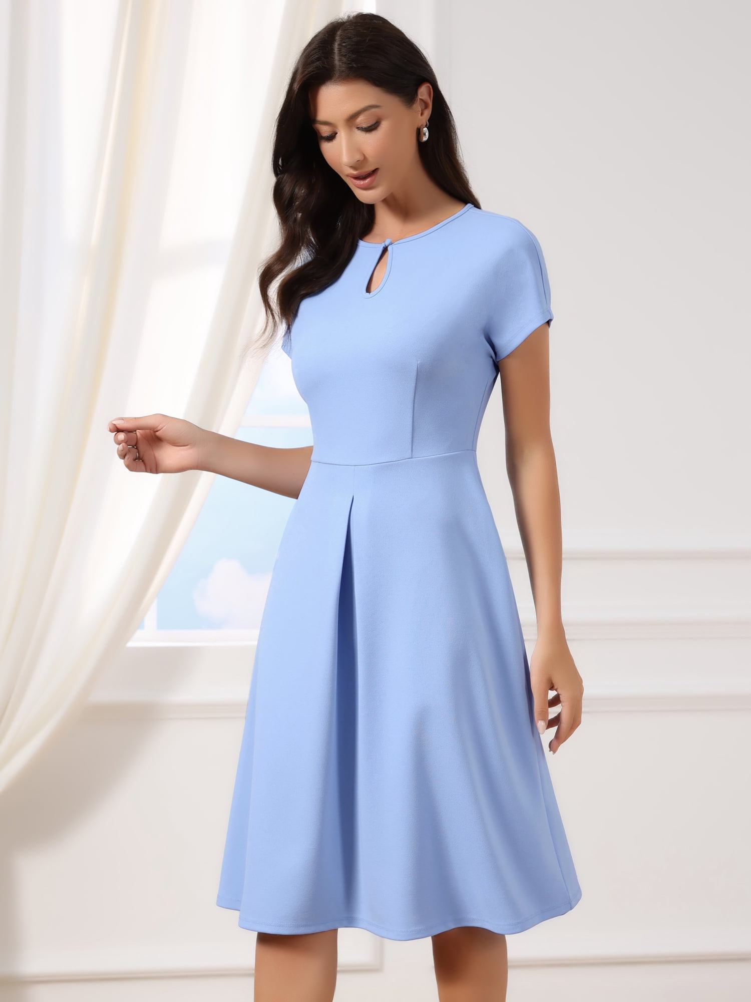 DARING DIVA Women's A Line Short Sleeve Dressy Midi Casual Dresses L Light Blue