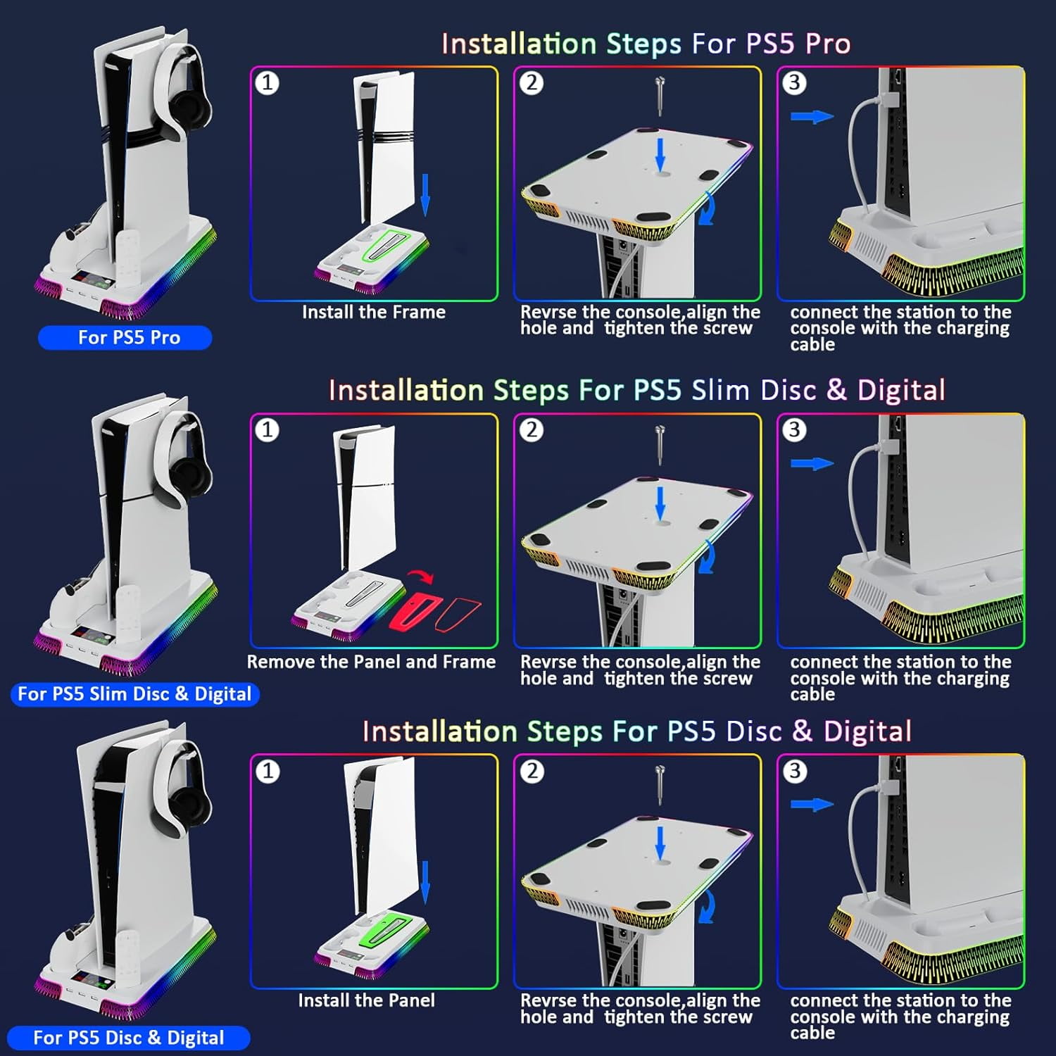 PS5/Slim/Pro Cooling Station for PlayStation 5 Console,PS5 Cooler Fan with Dual PS5 Controller Charger Incl. 3 Level Fans,Headset,USB Hubs,PS5/Slim Stand for PlayStation 5 Accessories