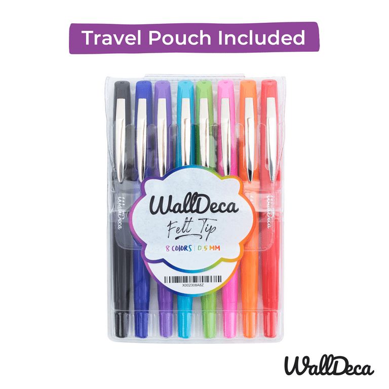WallDeca Felt Tip Pens, Fine Point (0.5mm), Assorted Rainbow Colors, 8  Count 