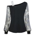 thumbnail image 6 of felwors Women's Floral Embroidery Mesh T Shirt Cold Shoulder Long Sleeve Asymmetrical Neck Tee Tops (Black, L), 6 of 8