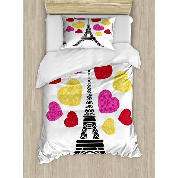 Eiffel Tower Duvet Cover Set Twin Size, Beaming Colorful Hearts Valentine's Day Theme, Decorative 2 Piece Bedding Set with 1 Pillow Sham, Magenta Mustard Ruby and Charcoal Grey, by Ambesonne