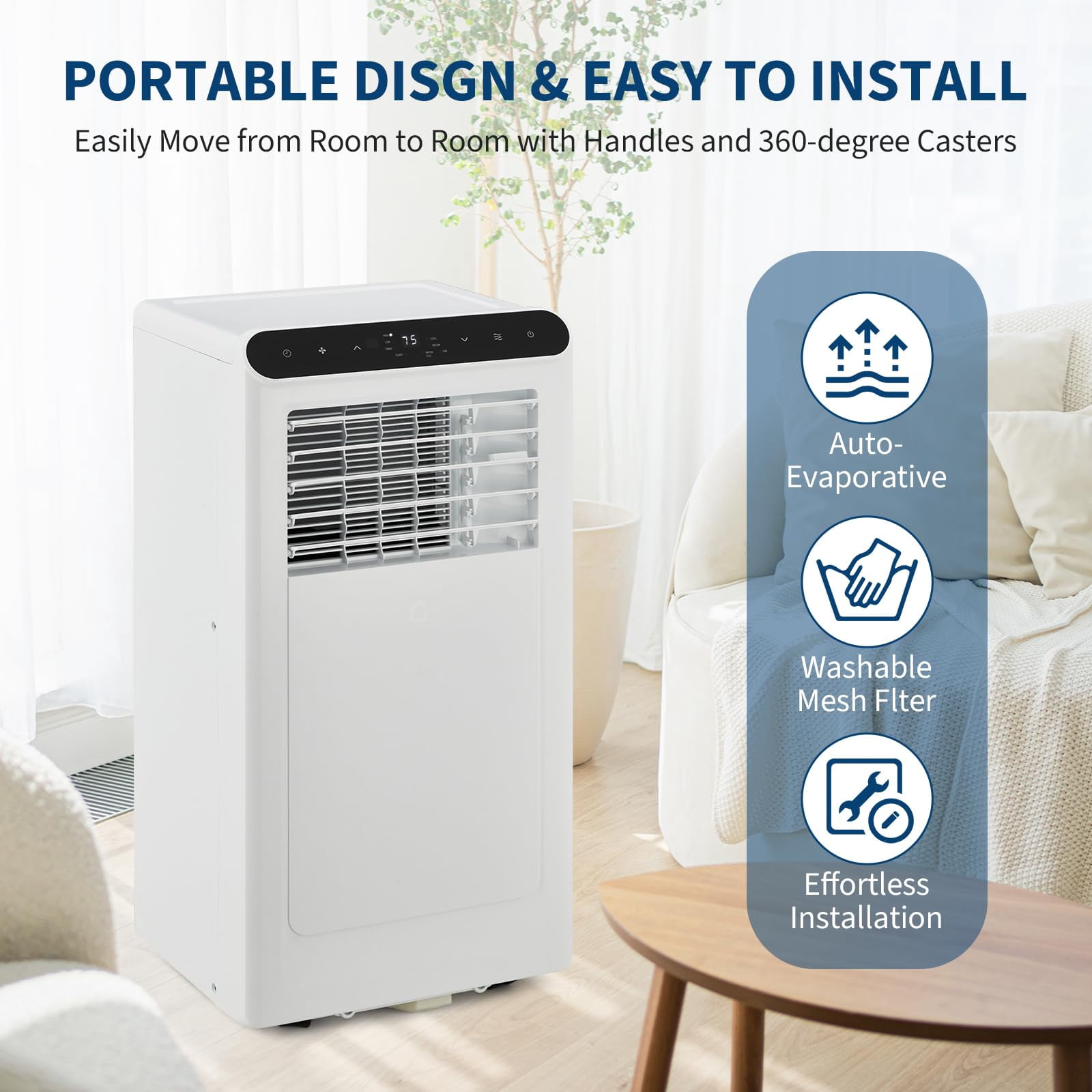 Portable Air Conditioner, 8000 BTU for Rooms Up to 350 Sq. Ft. 4 Modes with Remote Control Quiet AC, Dehumidifier, Fan Includes Window Installation Kit, 24-Hour Timer,Sleep Mode,Black
