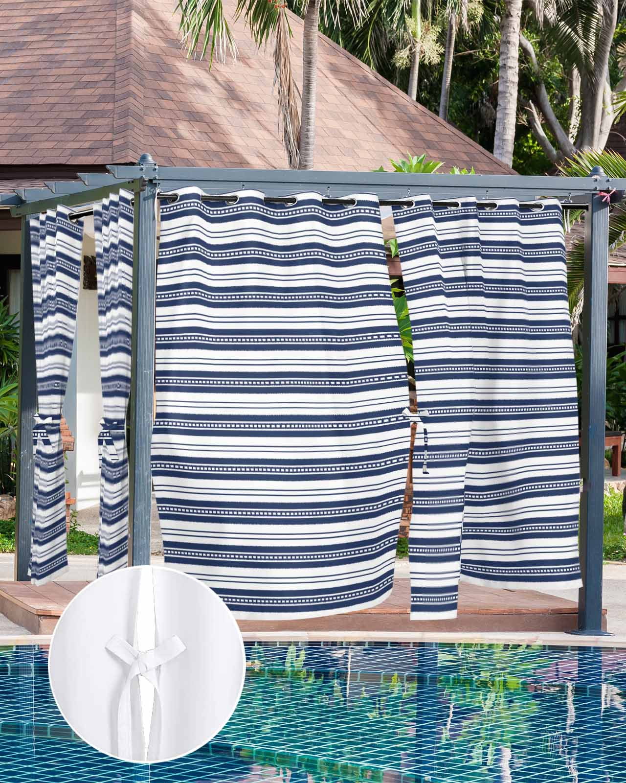 nqOlkjepod Outdoor Curtains for Patio Waterproof, Navy Blue Striped Outdoor Privacy Panels Grommet, Farmhouse Striped Geometric Art Blackout Outside Curtains for Porch/Cabana 54"x108", 1 Panel