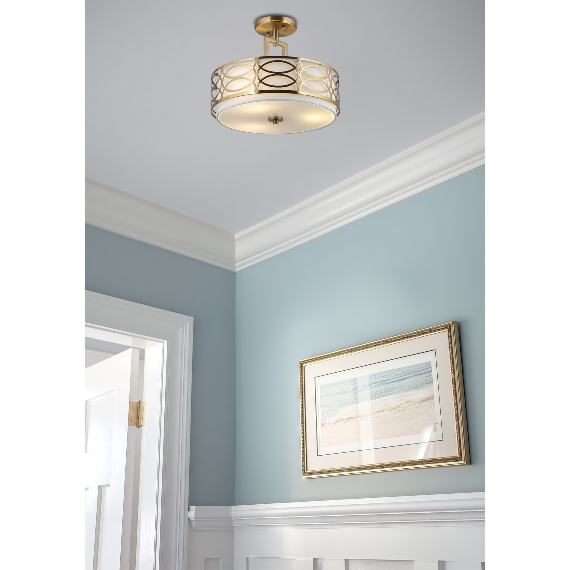 Kira Home Sienna 15" Lattice Drum Gold, Gold Ceiling Light, White Linen Shade, Glass Diffuser, Cool Brass