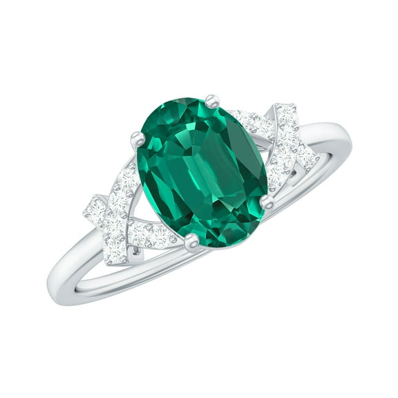 Rosec Jewels Oval Lab Grown Emerald Solitaire Ring with Diamond, Split Shank Ring - 6X8 mm, 925 Sterling Silver, US 4.00