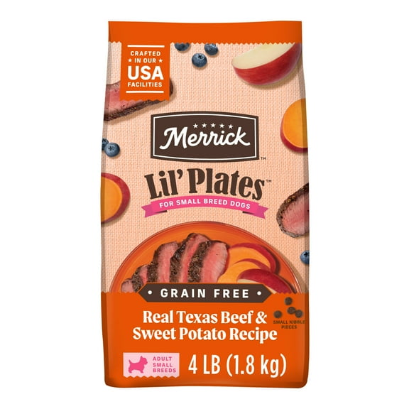 Merrick Lil’ Plates Premium Grain Free Dry Dog Food For Small Dogs, Real Beef And Sweet Potato Kibble, 4.0 lb. Bag