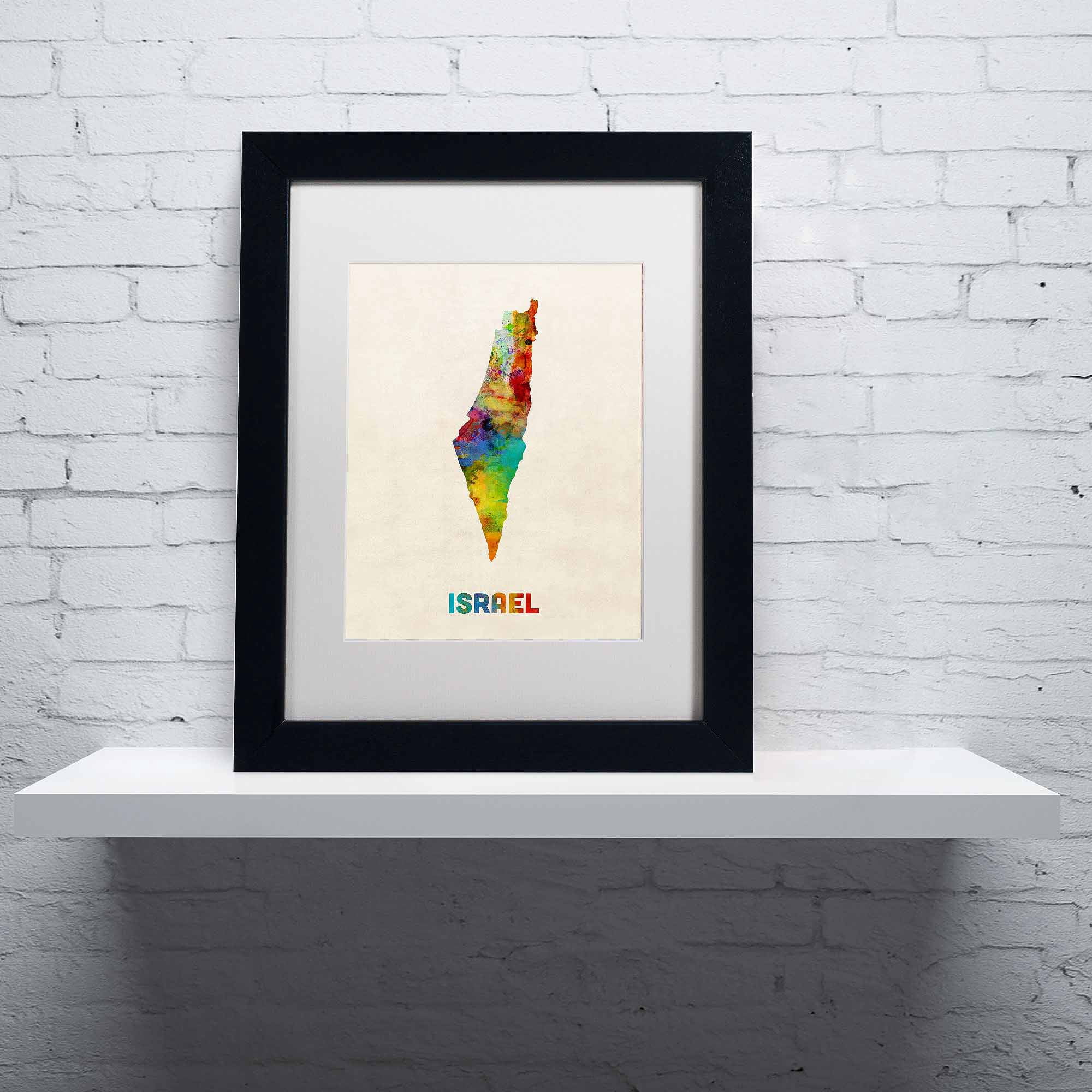 Trademark Fine Art "Israel Watercolor Map" Canvas Art by Michael Tompsett, White Matte, Black Frame