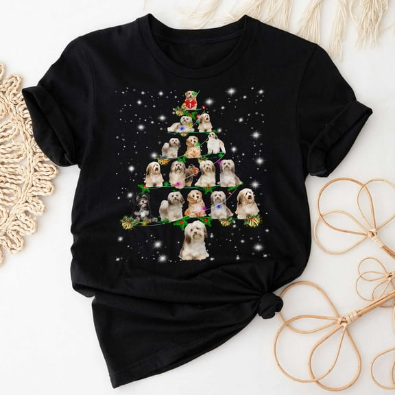 Havanese Christmas Tree T-Shirt, Funny Dog Lover Gift, Havanese Christmas Lights Shirts, Christmas Shirts for Women Men
