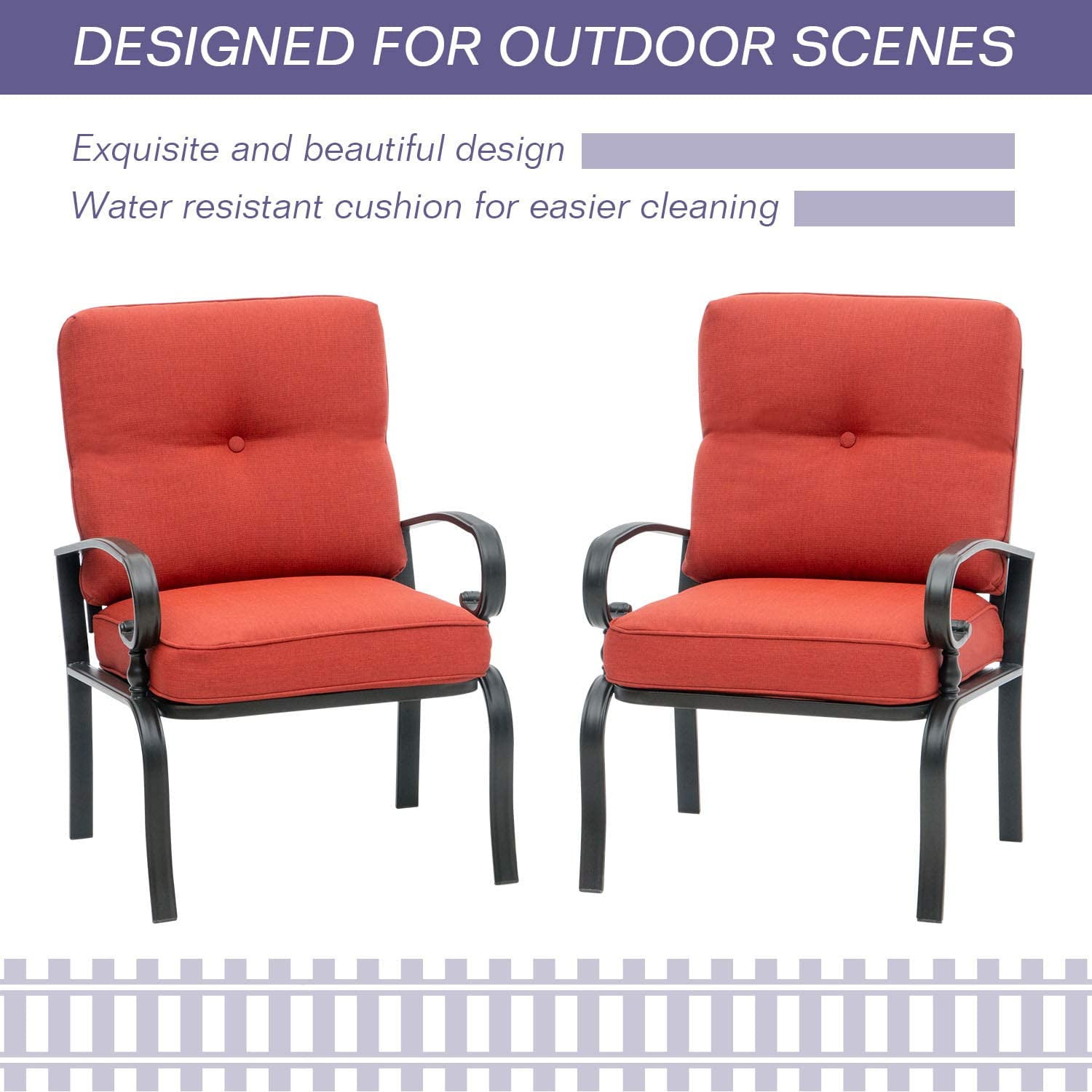 SUNCROWN Patio Furniture Outdoor Dining Chair Black Wrought Iron Bistro Sets with Red Cushions (Set of 2)