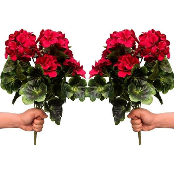 Zukuco 2 Bundles Artificial Geranium Silk Flower Bush 18" Faux Geranium Flowers Plant for Outdoor Planter Home Patio Garden Decoration, Red
