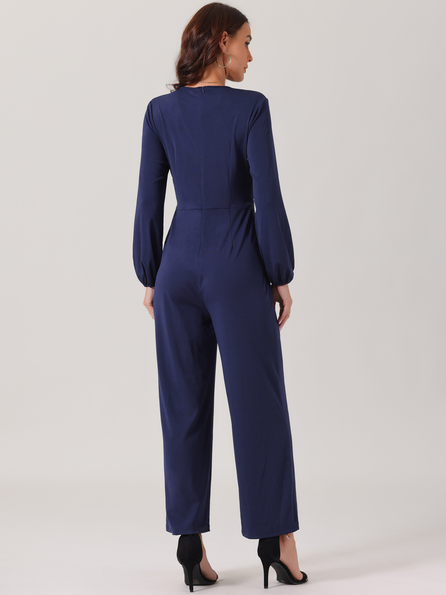 DARING DIVA Women's V Neck Long Sleeve High Waisted Wide Leg Jumpsuits L Dark Blue