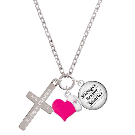 Delight Jewelry Stainless Steel Joshua 1:9 - Be Strong and Courageous Engraved Cross - Hot Pink Heart Nurse Strong Zoe Necklace