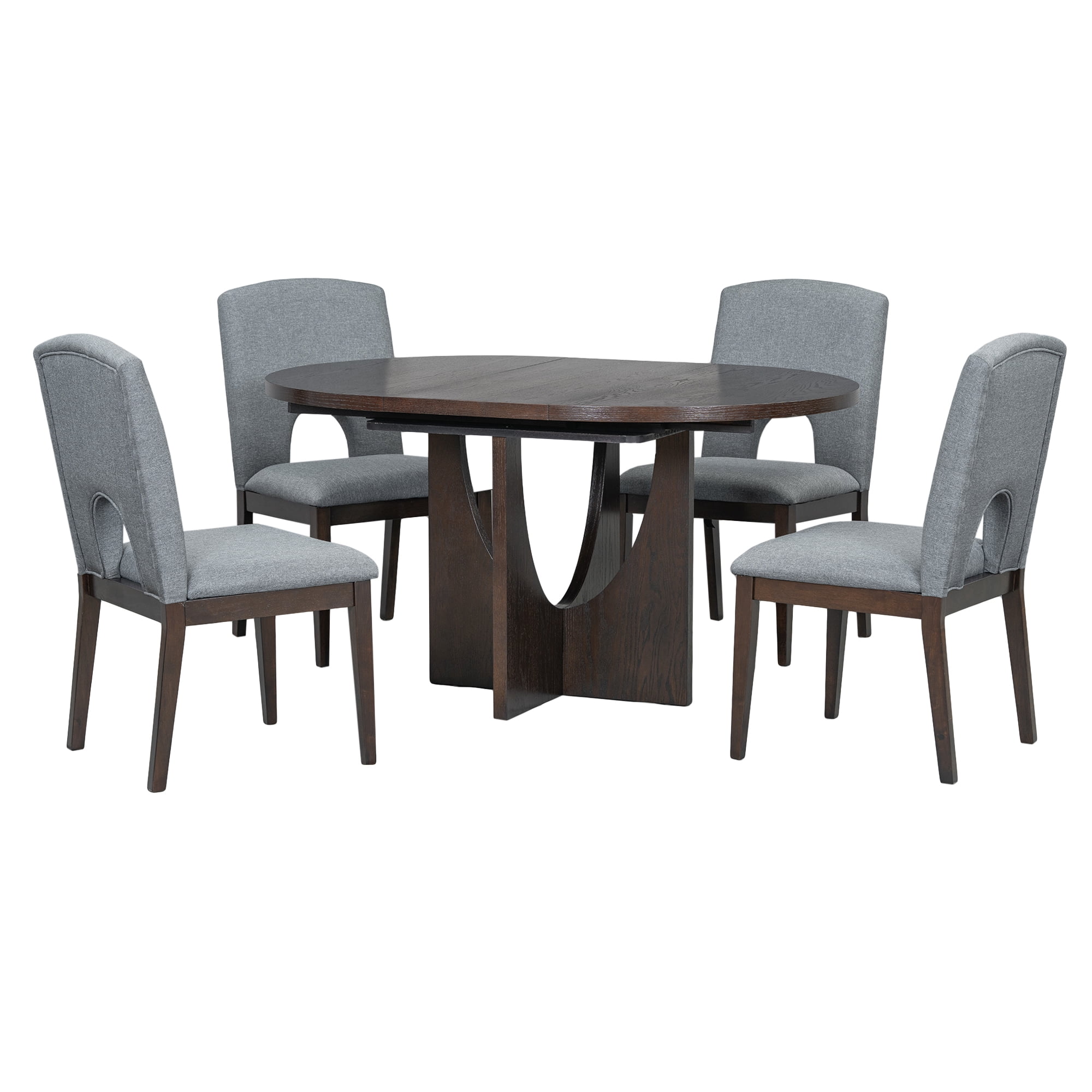 Harper & Bright Designs 5 Pieces Extendable Round Dining Table Set for 4, Modern Kitchen Dining Table with Removable Leaf and 4 Upholstered Chairs for Dining Room, Espresso+Gray