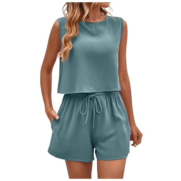 Conjunto de jogging de 2 piezas para mujer: camiseta sin mangas y pantalones cortos, cintura elástica, conjunto deportivo informal