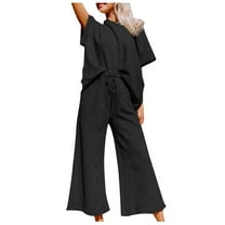 cfhntfmh Womens 2 Piece Outfits Short Sleeve Tops with Cropped Wide Leg Pants Lounge Matching Sets Tracksuits with Pockets