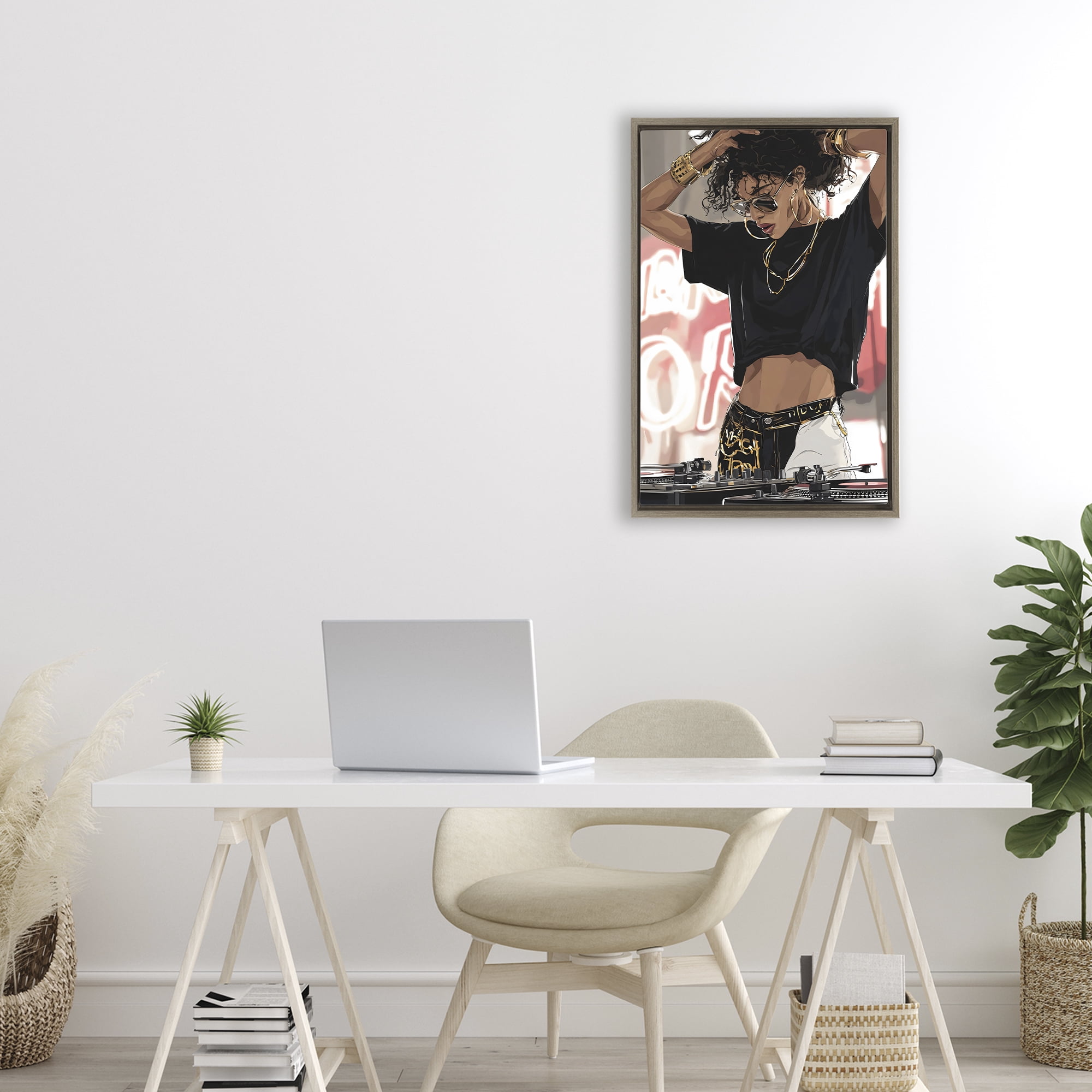 Stupell Industries Trendy Female DJ Musician Brown Framed Floater Canvas Wall Art, design by Franklyn Gregory