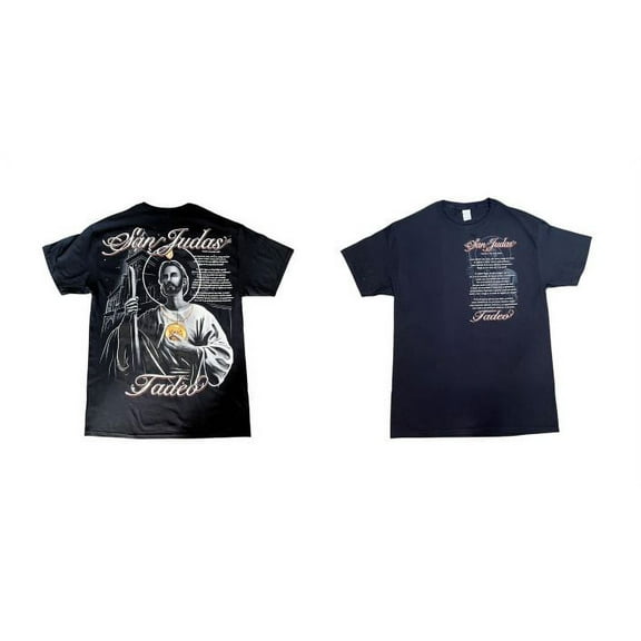 San Judas Tadeo Catholic T-Shirt Mexican T-Shirt - Screen Printed Front & Back - Black Color - Free USA Shipping - Men's Size: Medium - Uni-Sex Style  (CatTs312B-M)