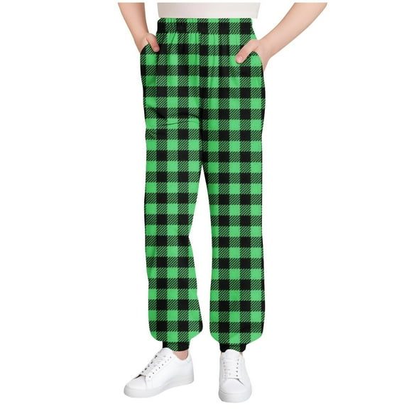 Girls Lounge Pants 5t Soft Plaid Joggers Pants with Pockets Pull-On Casual Kids Fall Trousers Army Green, 7 T