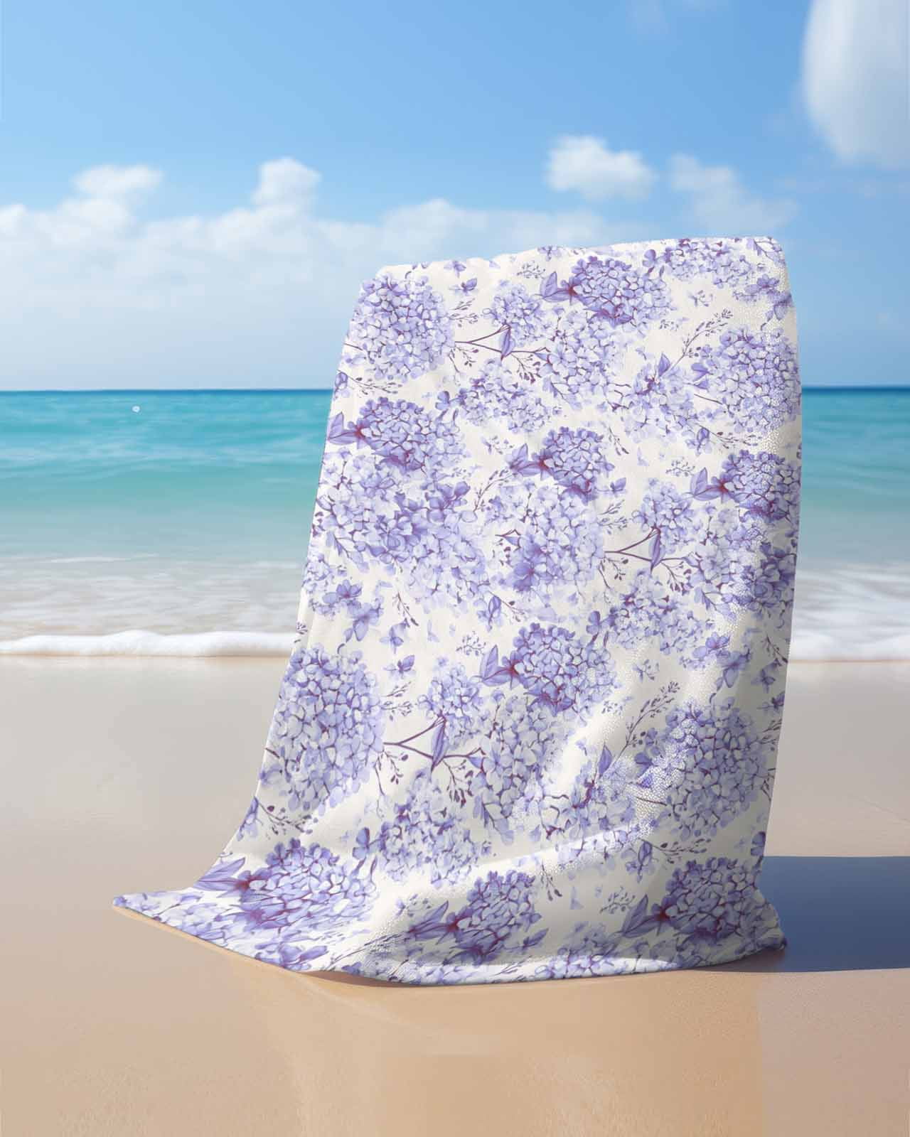 Purple Floral Beach Towels Oversized Super Absorbent, Hydrangeas Flower Spring Summer Botanical Lightweight Bath Towel Quick Dry Sets For Bathroom/Pool/Rv Camping/Beach Play/Gym Room/Picnic 23"x47"