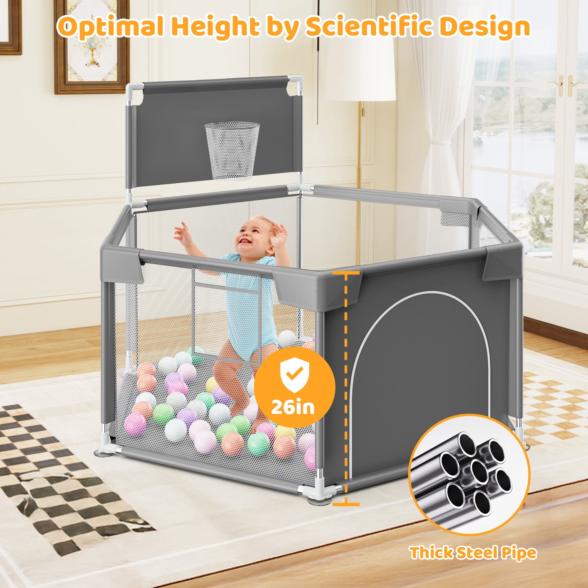 babyeap Baby Playpen with Basketball Hoop,Playpen for Babies and Toddlers,Hexagonal Fence Baby Play Yards,Dark Gray