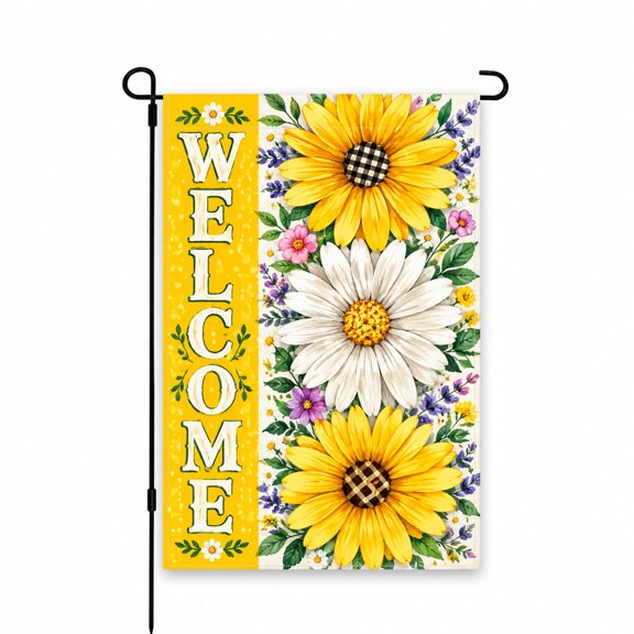 Garden Flag 12 x 18 Inch Welcome Sunflower & Daisy Design, Bright Yellow & White Floral Outdoor Decor for Yard, Lawn, Patio, Porch - Spring & Summer