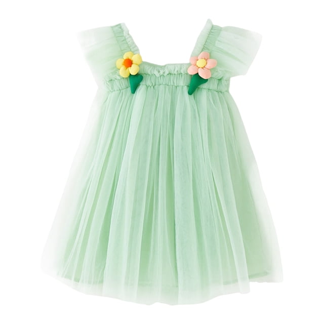 Hpapadks Robe Bébé Fille Manches Volantes Fleurs Tulle Robe de Fête Robes pour Filles Vert 18-24 Mois