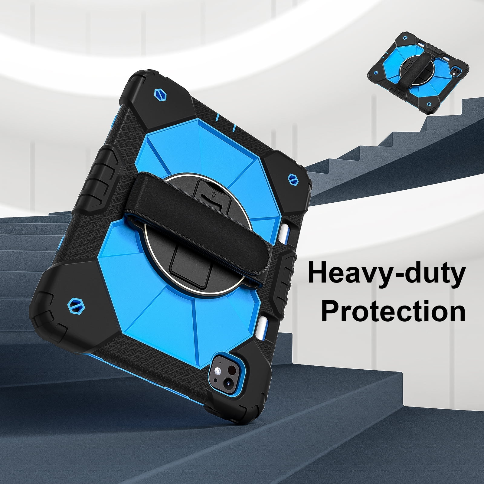 Allytechgroup iPad Pro 11 2024 Case Cover with Pencil Holder, Rugged Protection with Kickstand & Hand Strap Heavy Duty Shockproof Kids Friendly Case for Apple iPad Pro 11 M4 2024, Blue