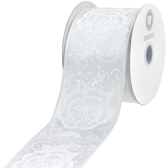 HOMEFORD Glittered Wedding Rose Pattern Satin Wired Ribbon, 2-1/2-inch, 10-yard, White