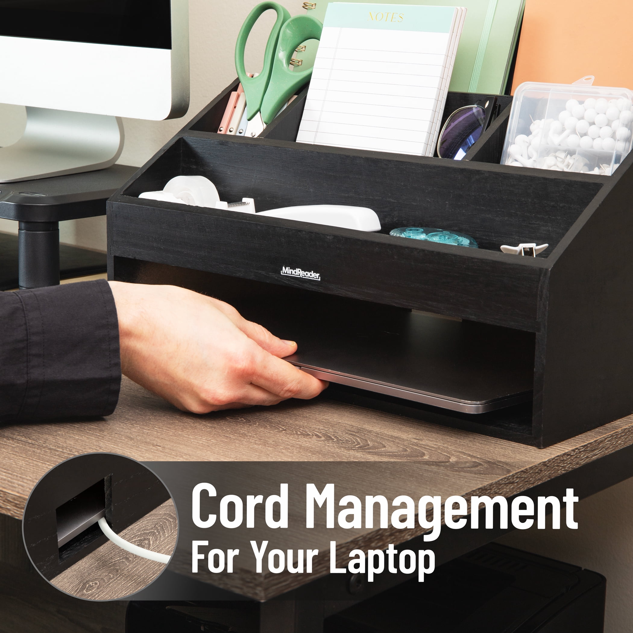 Mind Reader Desk Organizer, File Storage, Accessory Holder, Cord Management, Office, Wood, Black
