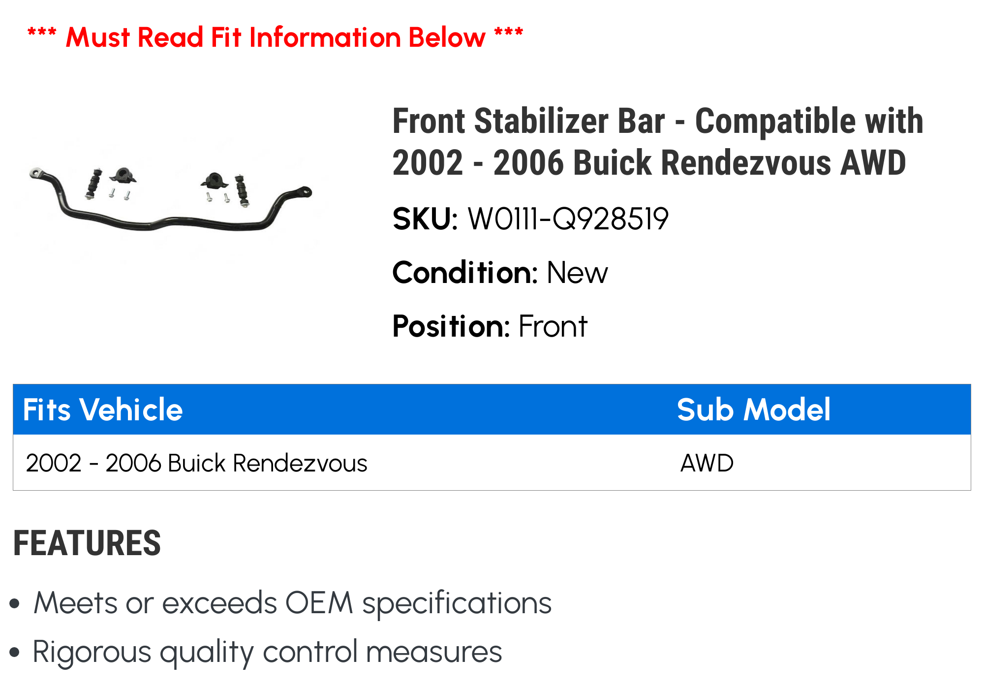 Front Stabilizer Bar Compatible with 2002 2006 Buick Rendezvous AWD  2003 2004 2005