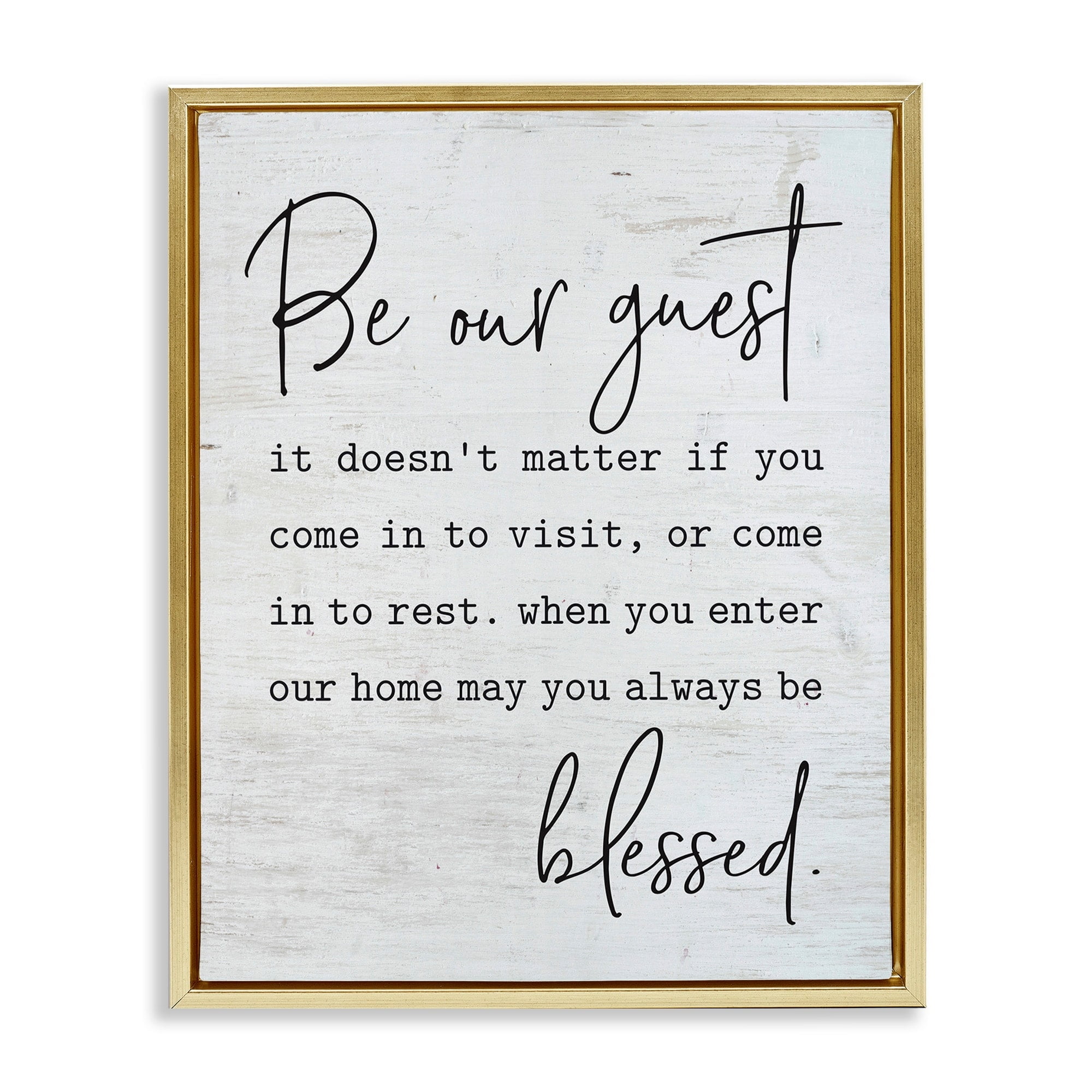 Stupell Industries Be Our Guest Home Family Inspirational Word On Wood Texture Design Metallic Gold Framed Floating Canvas Wall Art, 16x20, by Lettered and Lined