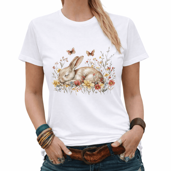 Watercolor Sleeping Easter Bunny Floral Graphic Tees Women's Spring Cottagecore Tshirt Tops S-5XL
