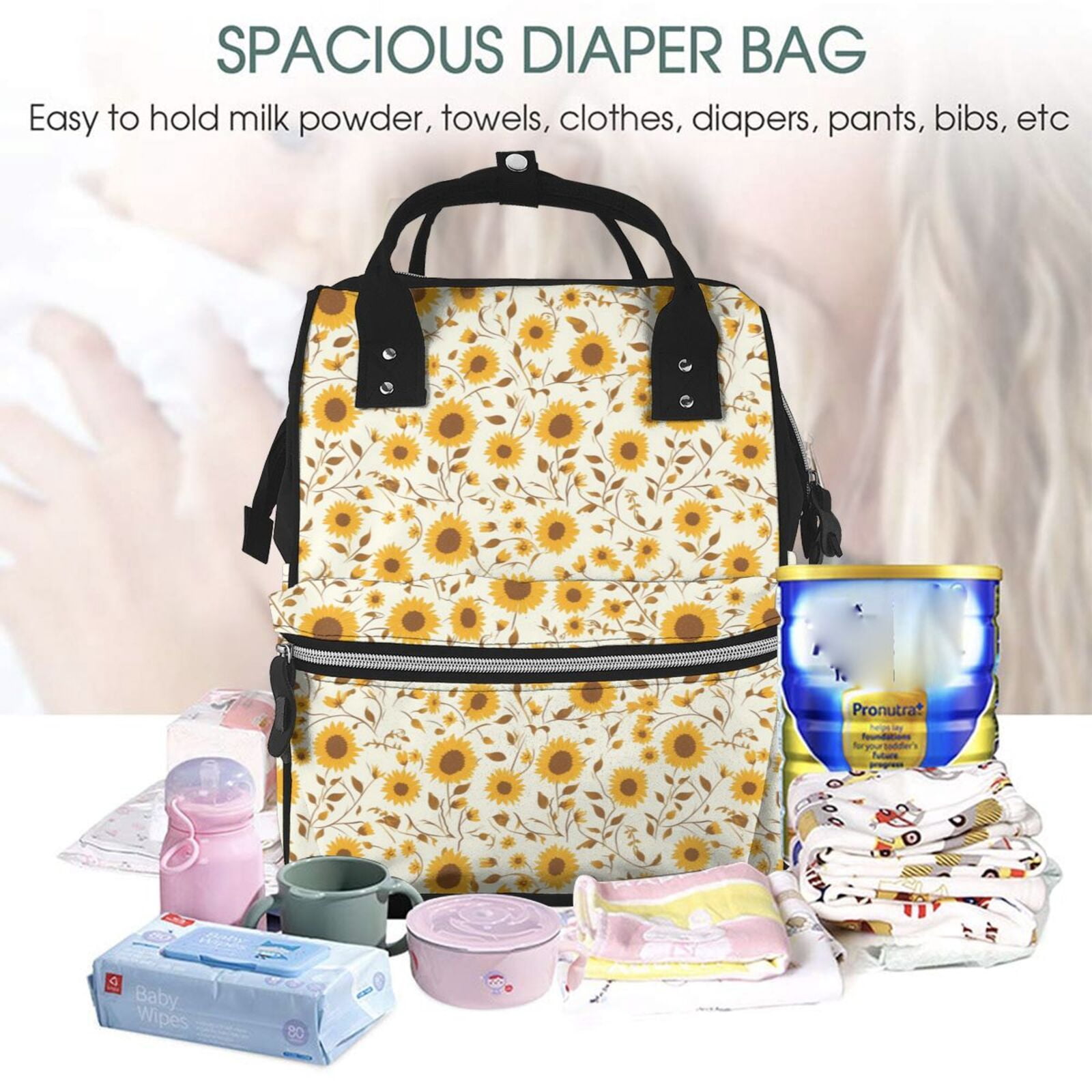 Fuzoiu Brown Leaf Sunflower Print Diaper Bag Backpack,Baby Essentials Travel Tote,Multi function Waterproof Diaper Bag, Travel Essentials Baby Bag - Unisex