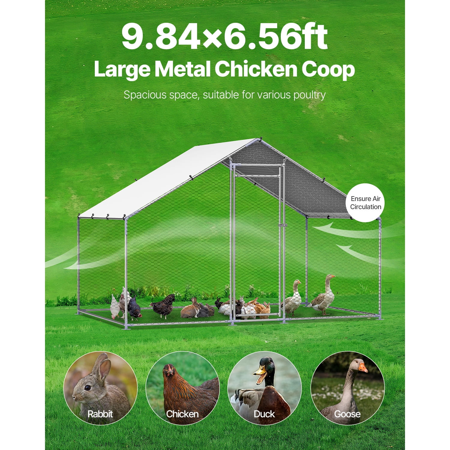 Metal Chicken Coop, Walk-in Chicken Run with Cover Spire Roof 9.8x6.5x6.5ft