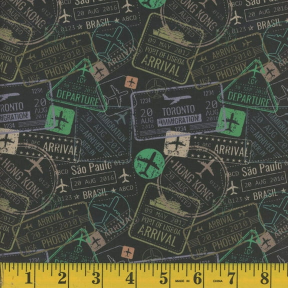 Cotton Travel Passport Stamps Vacation Transportation Black Cotton Fabric Print by the Yard (126708)