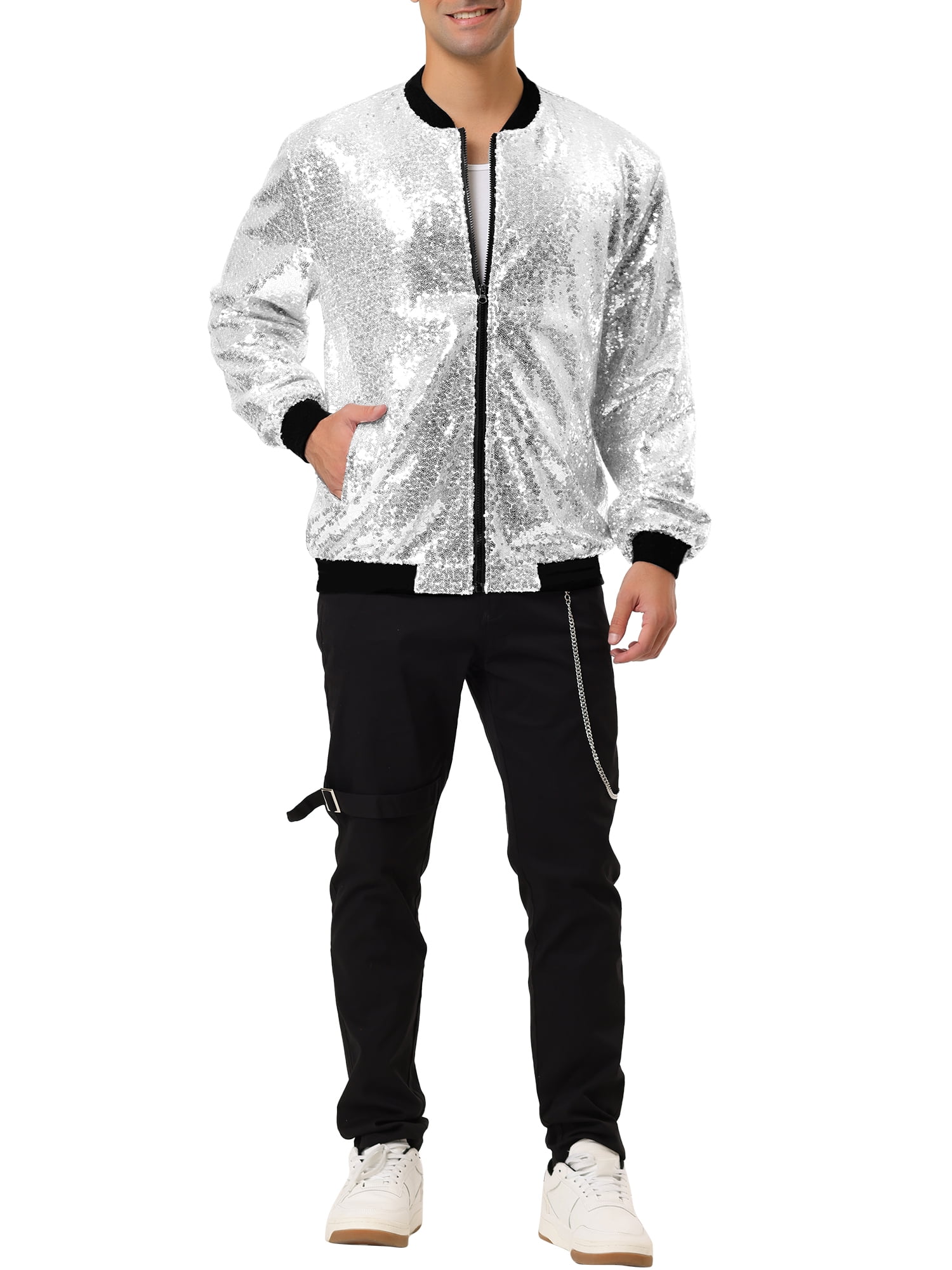 Unique Bargains Men's Long Sleeves Sequin Varsity Zipper Bomber Jacket L Silver