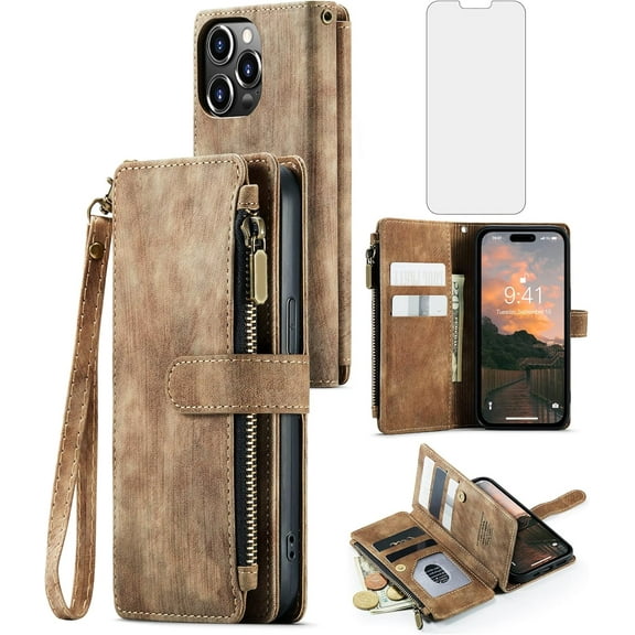 Asuwish Compatible with iPhone 15 Pro 6.1 inch Wallet Phone Case and Tempered Glass Screen Protector Faux Leather Flip Credit Card Holder Stand Zipper Cell Cover for i Phone15 i15 15Pro Women Brown