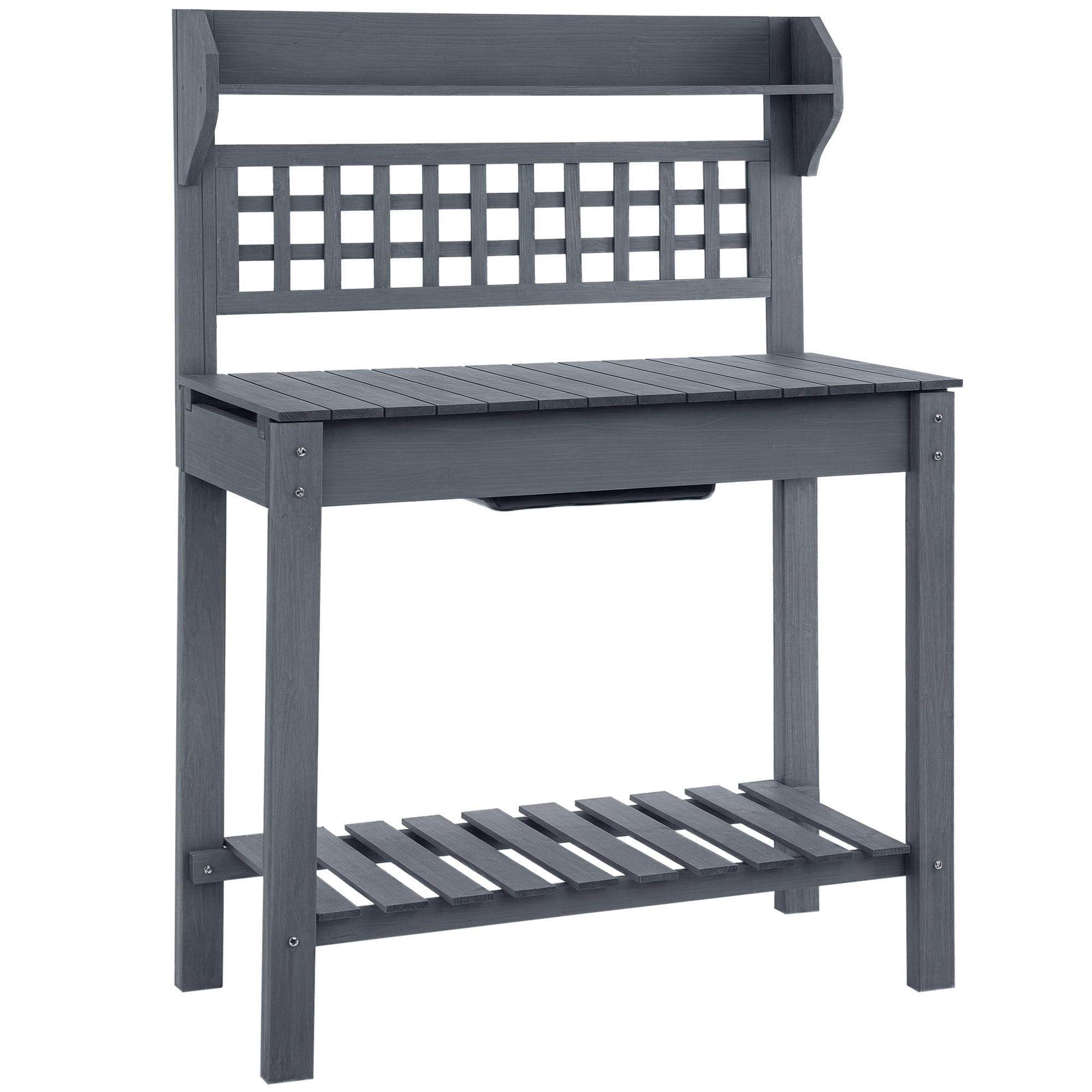 Outdoor Potting Bench Table, Wooden Workstation, Storage Shelf and Dry Sink