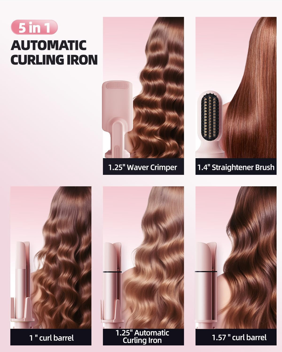 5-in-1 Automatic Curling Iron Set, Interchangeable Hair Styler with 3 Rotating Barrels, Straightening Brush & Wave Wand for All Hair Types, Dual Voltage