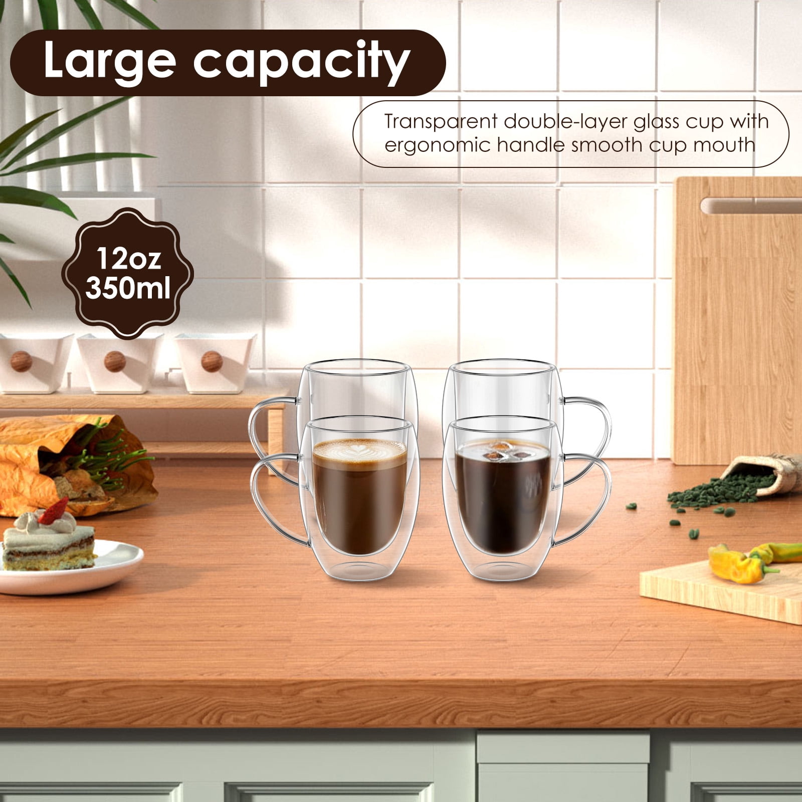 FUYGRCJ 4 Pack Glass Coffee Mug, 12oz Clear Glass Coffee Cup with Handle Set of 4, 350ml Double Wall Insulated Mug Tea Latte Espresso Cups for Latte Cappuccino Juice Tea Milk