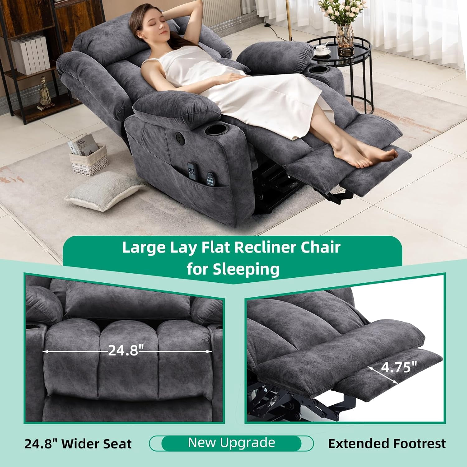 VIVIJASON Tall Man Large Dual Motor Power Lift Recliner Chair with Extended Footrest, Oversized Lay Flat Sleeper Electric Recliner W/Heat & Massage, Lumbar Pillow, USB & Type-C Ports, Plush Gray