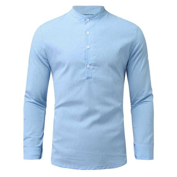 IROINNID Deals Mens Pullover Shirts Long Sleeve Cotton Linen Shirt Pullover Stand-up Collar Solid Beach T-Shirt,Light Blue