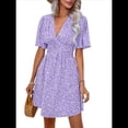 thumbnail image 3 of Vestido Corto Informal de Verano con Estampado Floral y Mangas con Vuelo para Mujer, Vestido Veraniego con Cuello en V. Púrpura S, 3 of 9