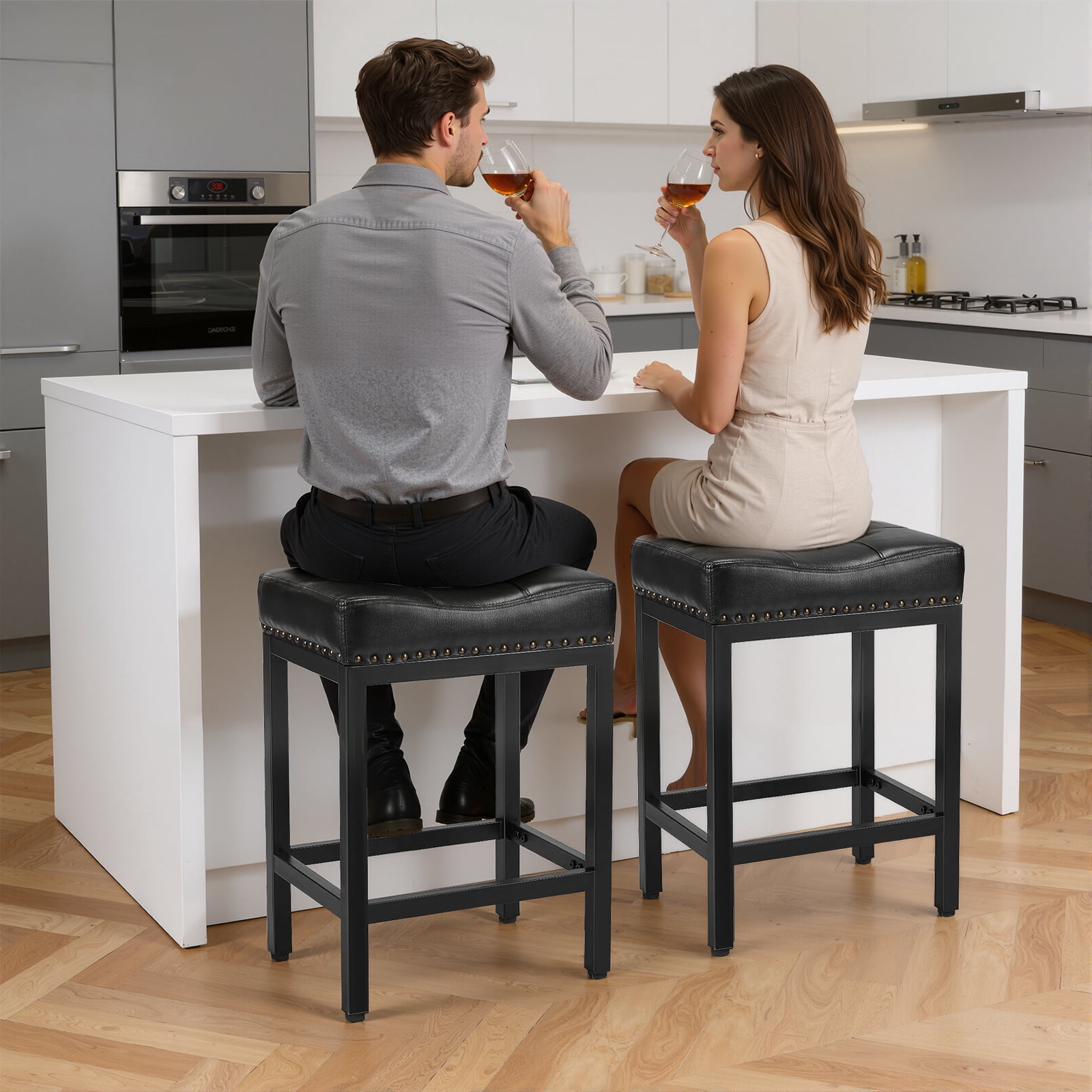 Sybels 24" Saddle Bar Stools (Set of 2) - PU Leather Counter Stools with Footrest for Kitchen Island, Cafe，Black