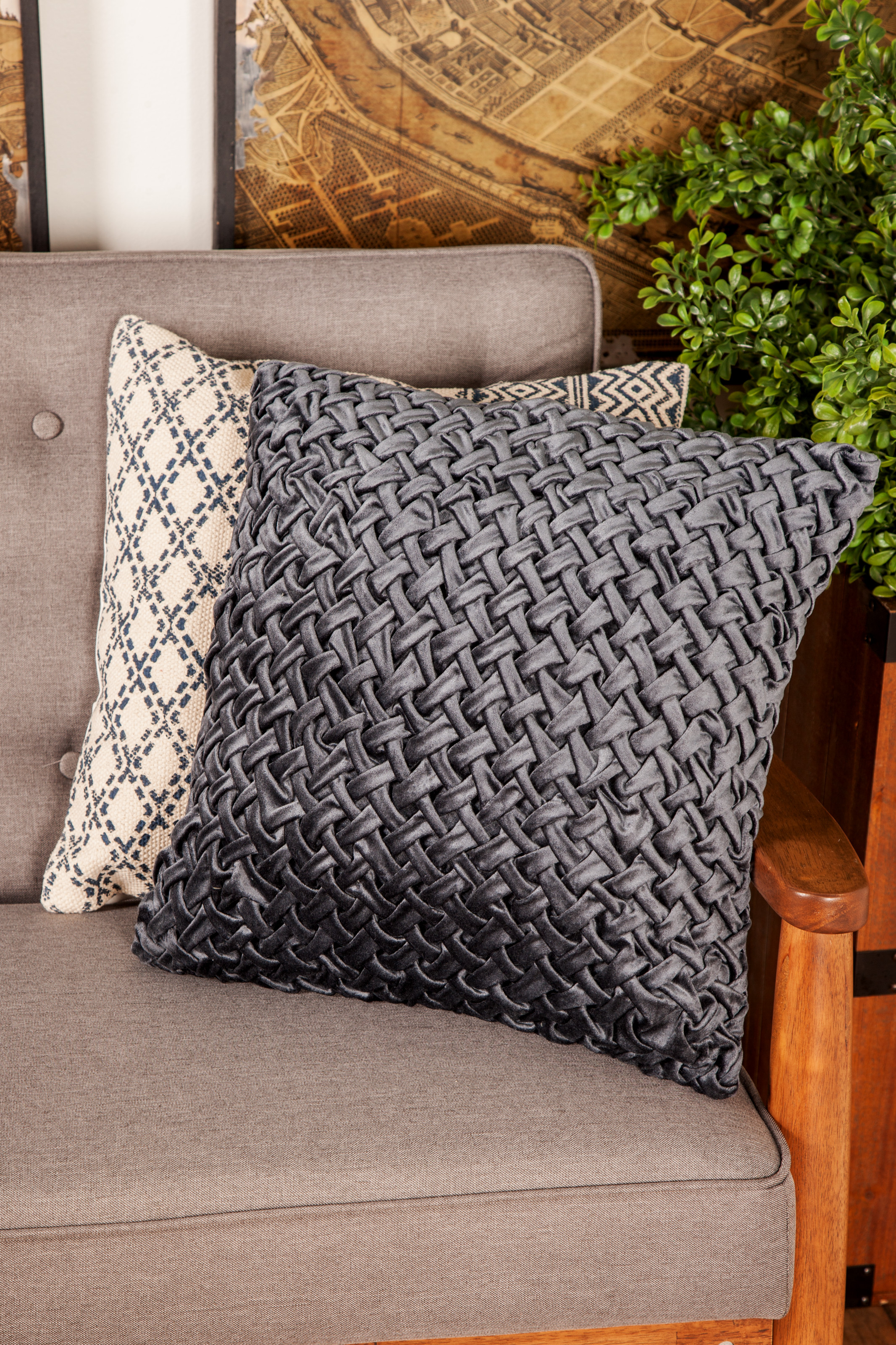 Decmode Dark Gray Square Throw Pillow with Smocked Basket Weave