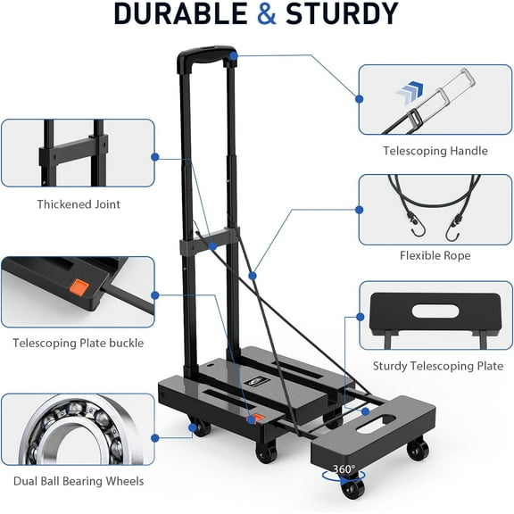 Folding Hand Truck, 500 LB Heavy Duty Luggage Cart, Utility Dolly Platform Cart with 6 Wheels & 2 Elastic Ropes for Luggage, Travel, Moving, Shopping, Office Use, Black