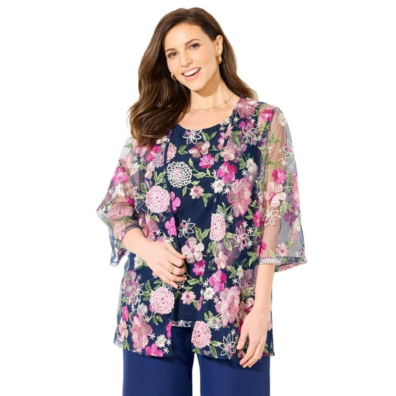 Catherines Women's Plus Size Embroidered Tank And wrap 2-Piece Set