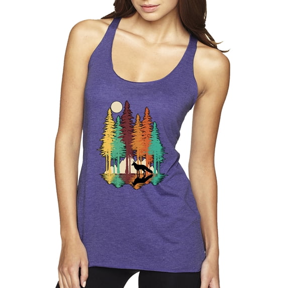 Trippy California Redwoods Forest Fox Silhouette | Womens Fashion Premium Tri-Blend Racerback Tank Top, Purple Rush, Small