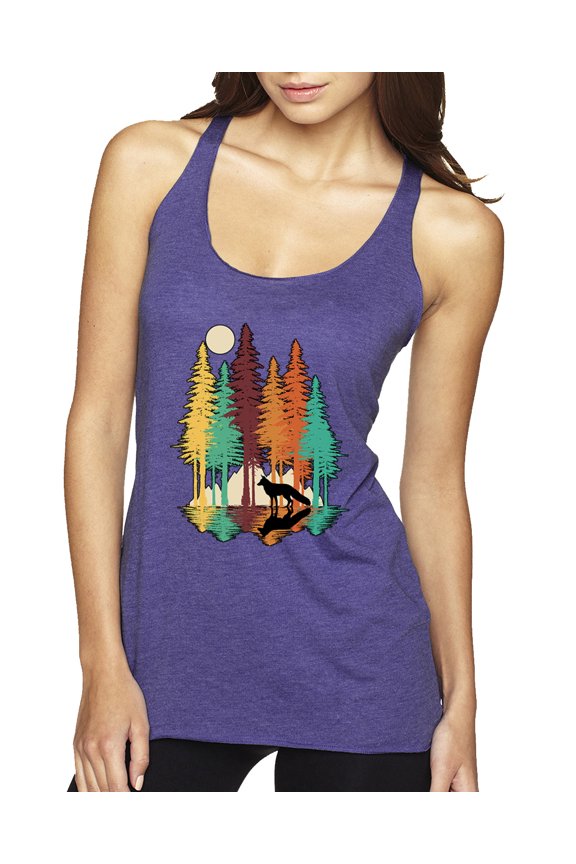 Trippy California Redwoods Forest Fox Silhouette | Womens Fashion Premium Tri-Blend Racerback Tank Top, Purple Rush, Small